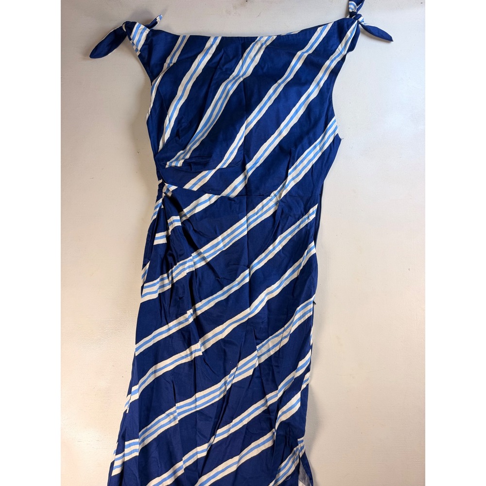 MNG Mango Midi Dress Women Size 2 Blue Striped Excellent Shoulder Tie Slit